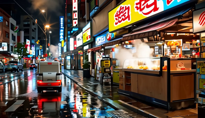 LongCat-Video neon night market scene, prompt-only generation