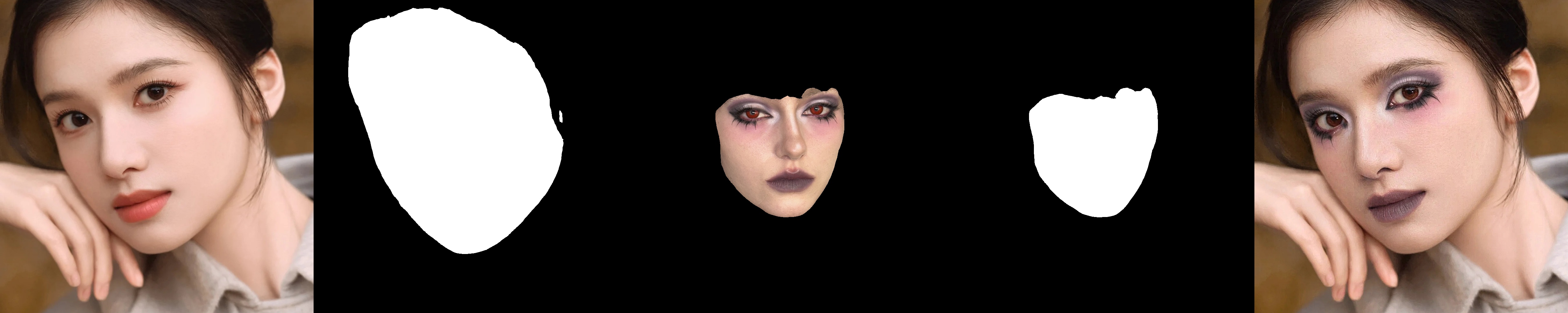Full-face MagicMakeup transfer: source, source mask, masked reference, reference mask, and result