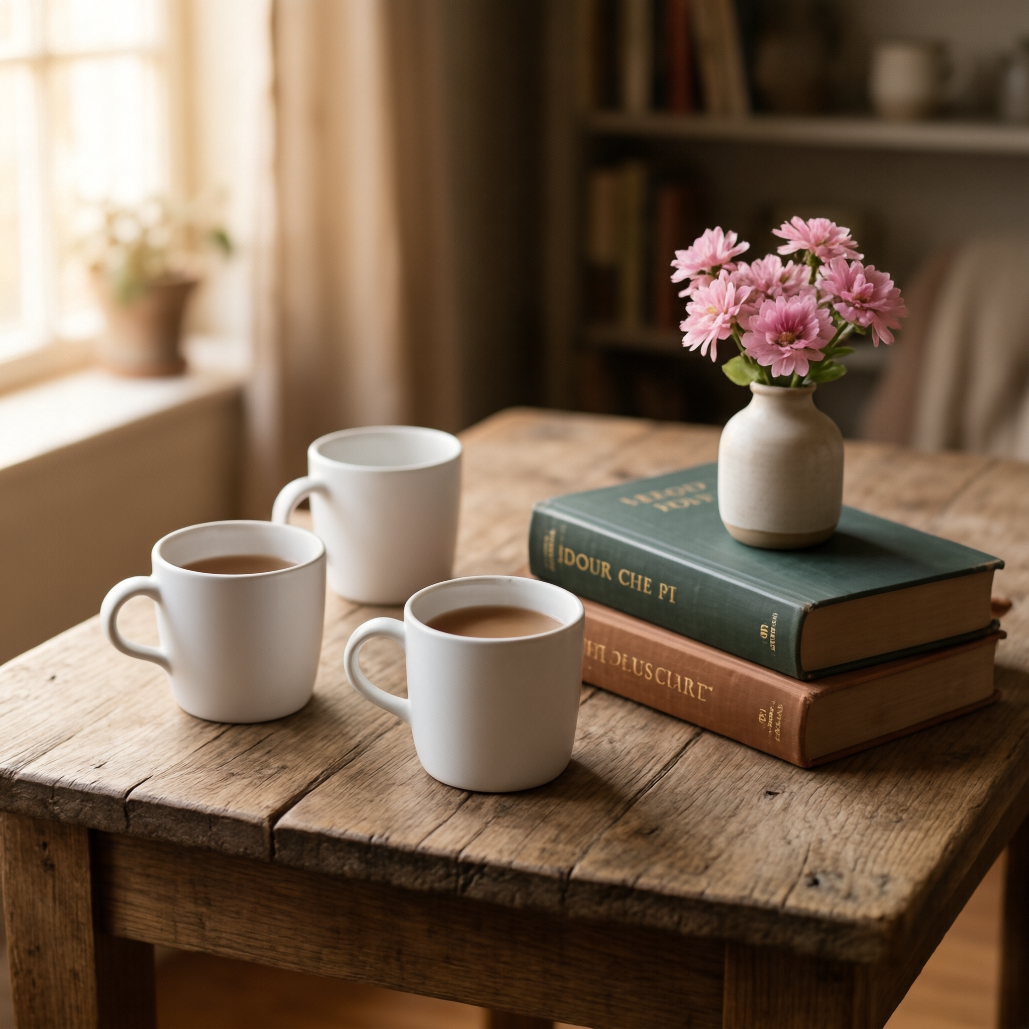 Still life: 3 cups, 2 books, 1 vase